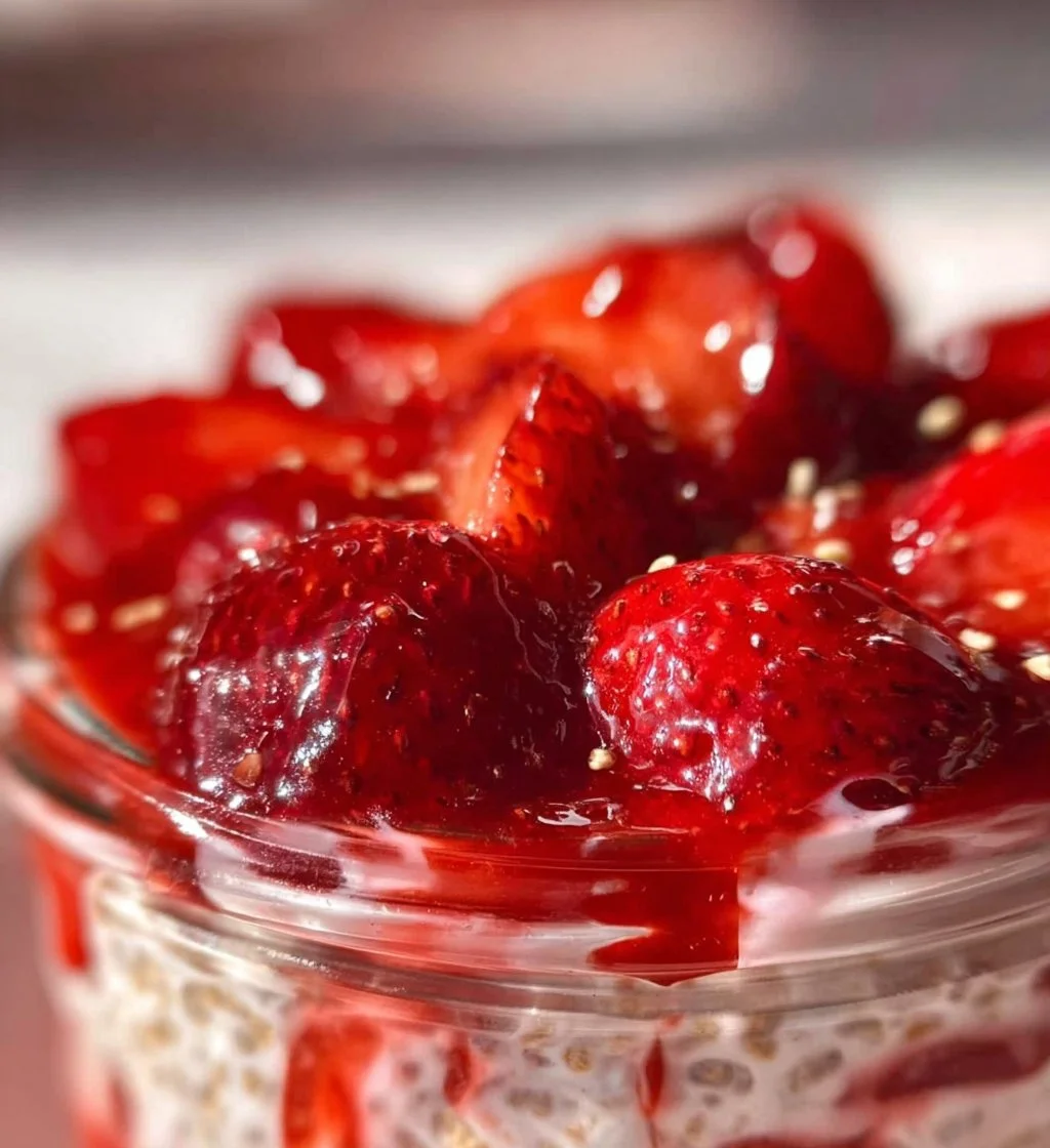 Bowl of Strawberries & Cream Overnight Oats topped with fresh strawberries and cream.