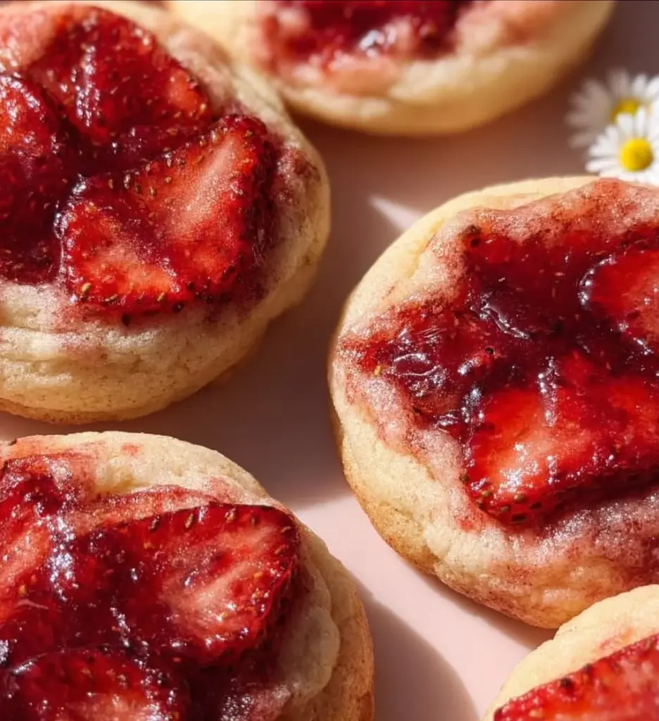 Freshly baked Strawberry Cheesecake Cookies on a rustic wooden table