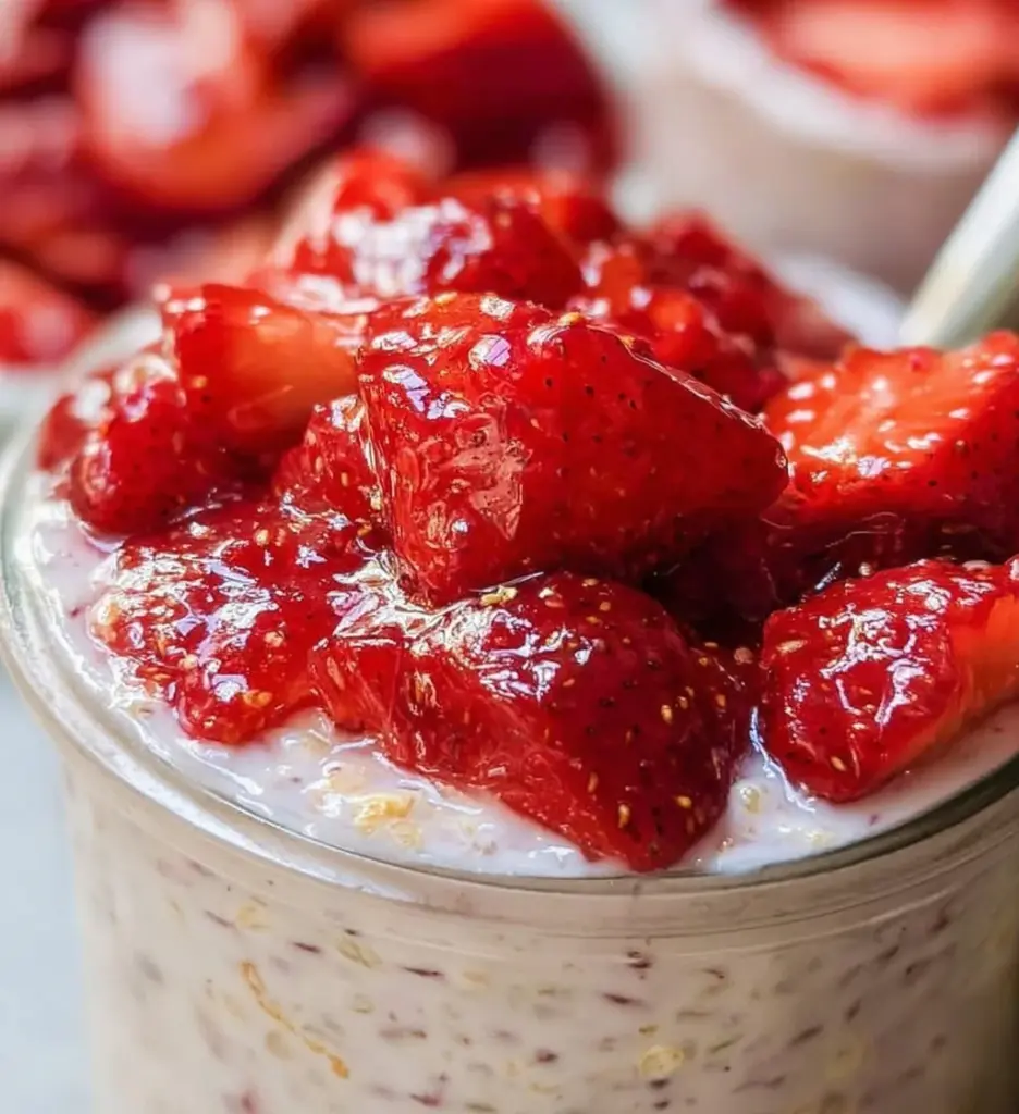 Strawberry cheesecake overnight oats in a glass topped with fresh strawberries.