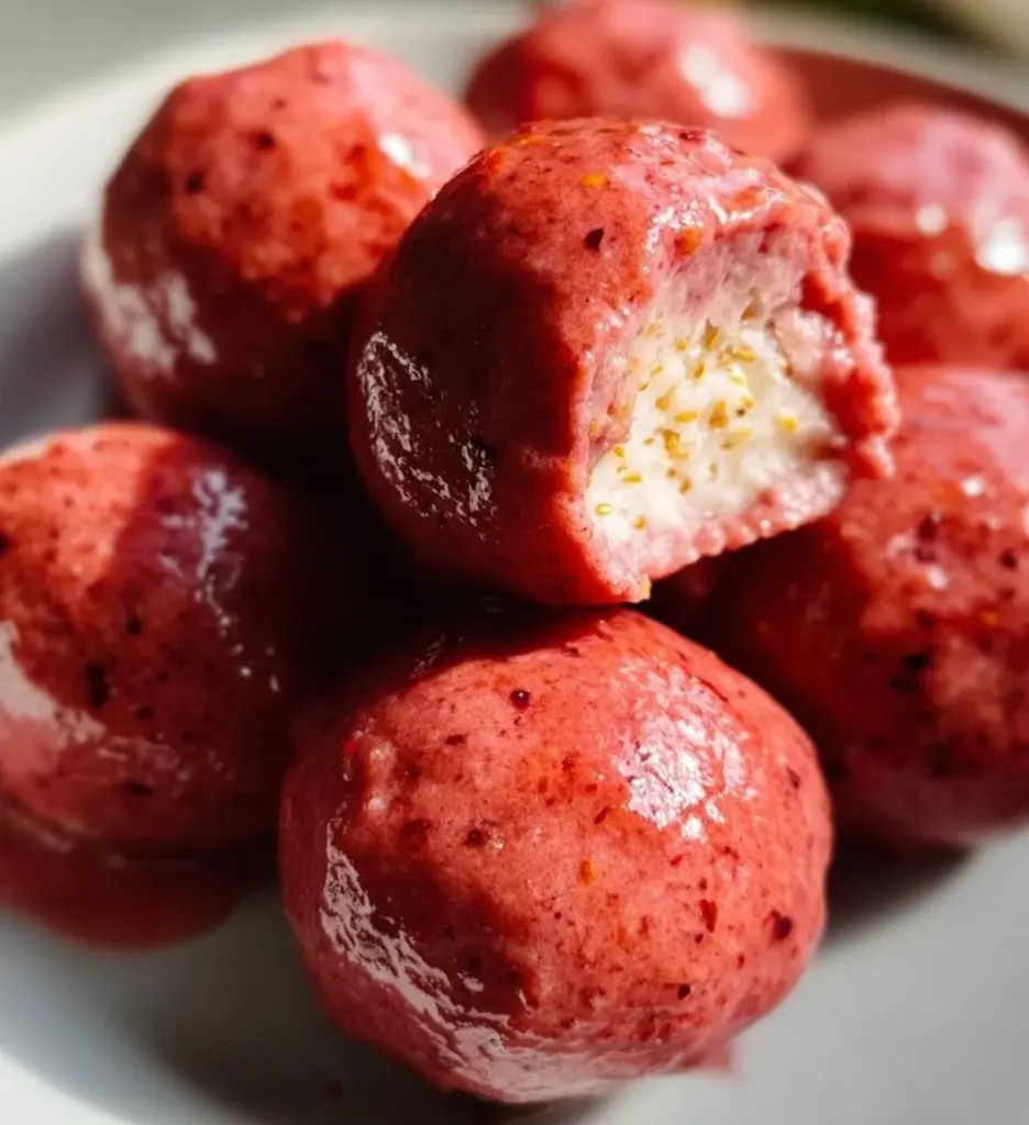 Homemade Strawberry Cheesecake Protein Balls ready to enjoy as a healthy treat.