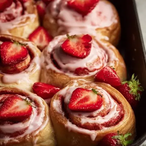 Freshly baked Strawberry Cinnamon Rolls with strawberry glaze and cinnamon swirl