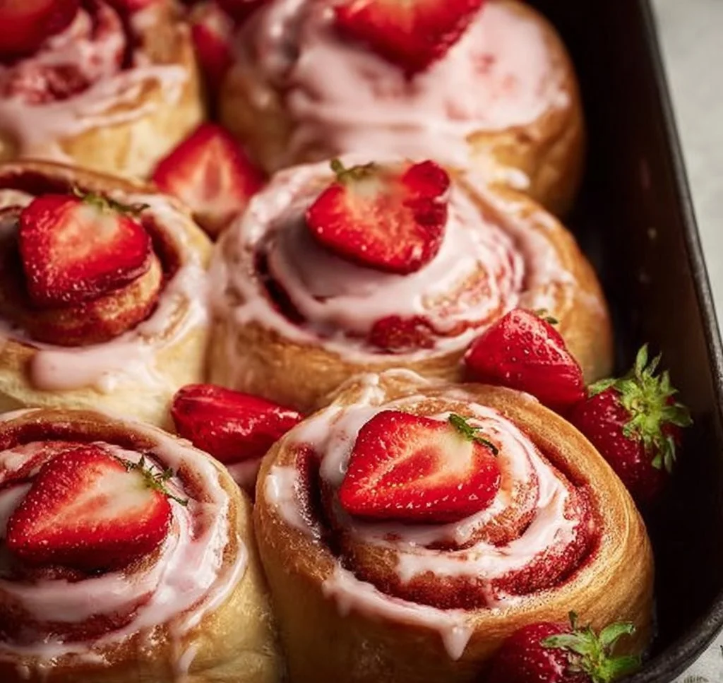 Freshly baked Strawberry Cinnamon Rolls with strawberry glaze and cinnamon swirl