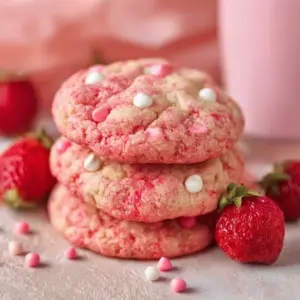 Plate of freshly baked Strawberry Milkshake Cookies with pink frosting