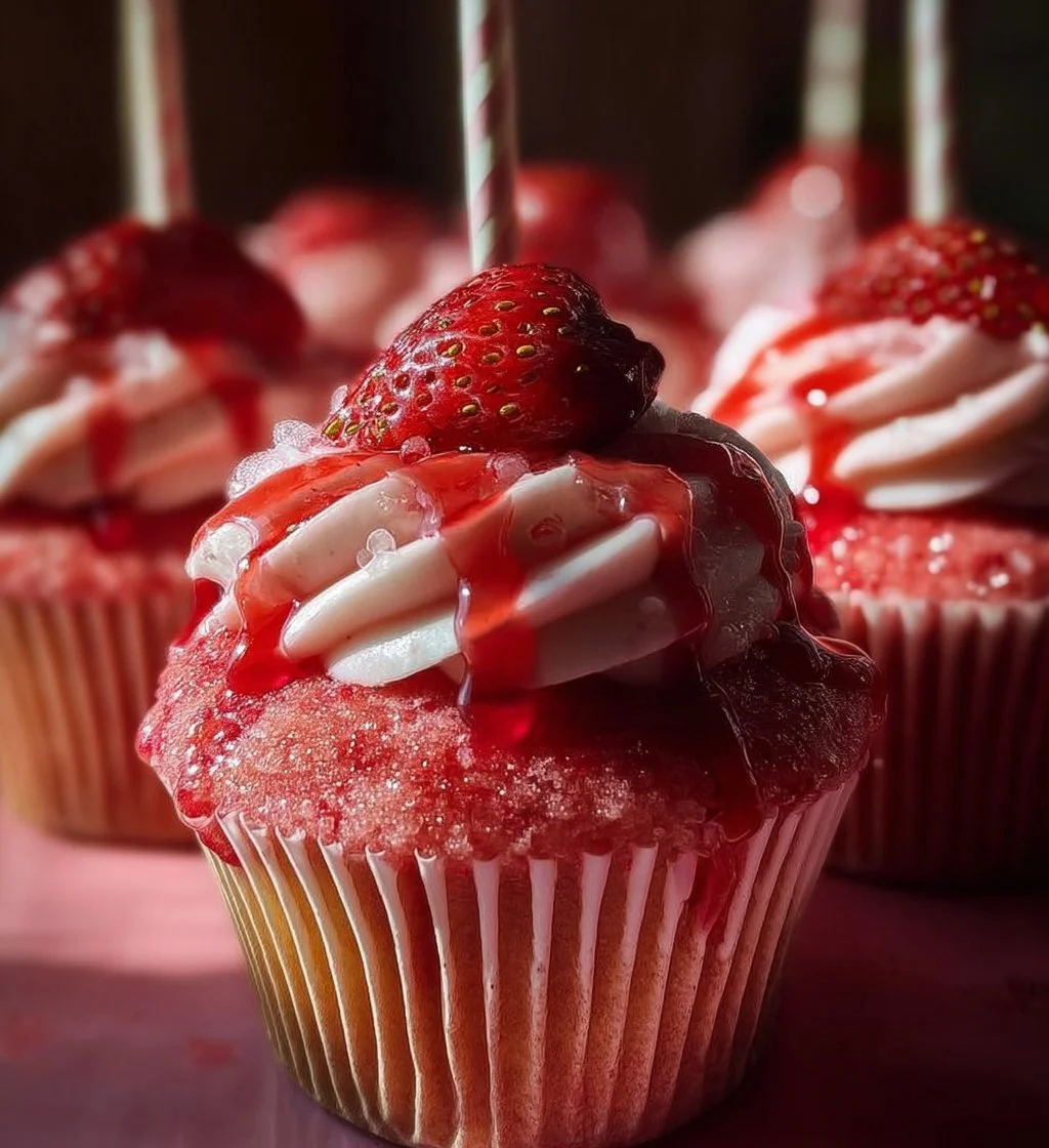 Delicious Strawberry Milkshake Cupcakes topped with creamy frosting and strawberry.