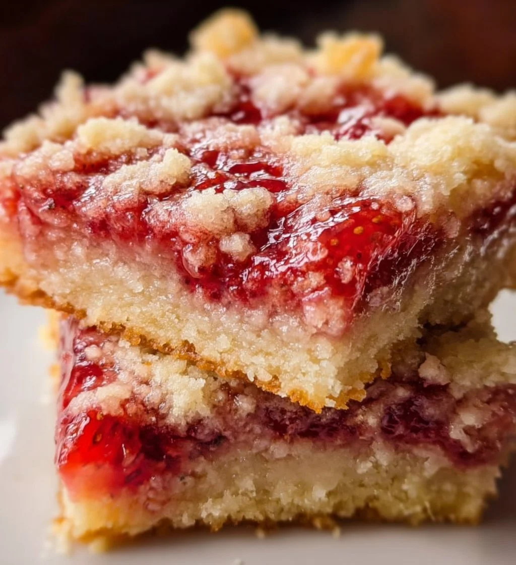 Delicious homemade Strawberry Shortcake Bars on a white plate.