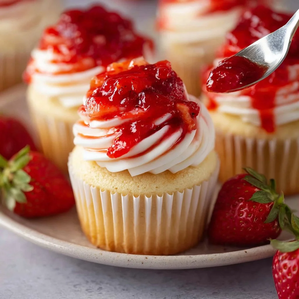 Strawberry shortcake cupcakes topped with fresh strawberries and whipped cream