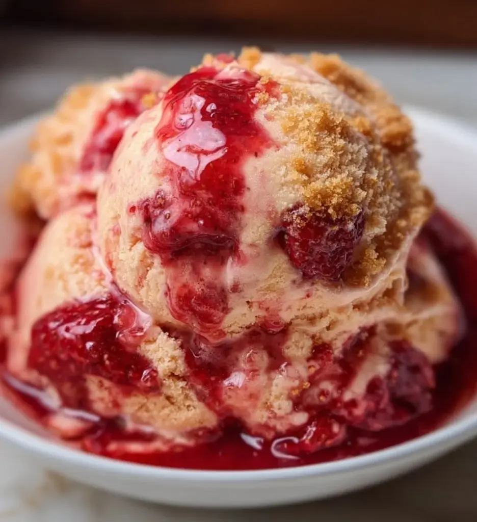 Delicious strawberry shortcake ice cream served in a bowl with fresh strawberries.