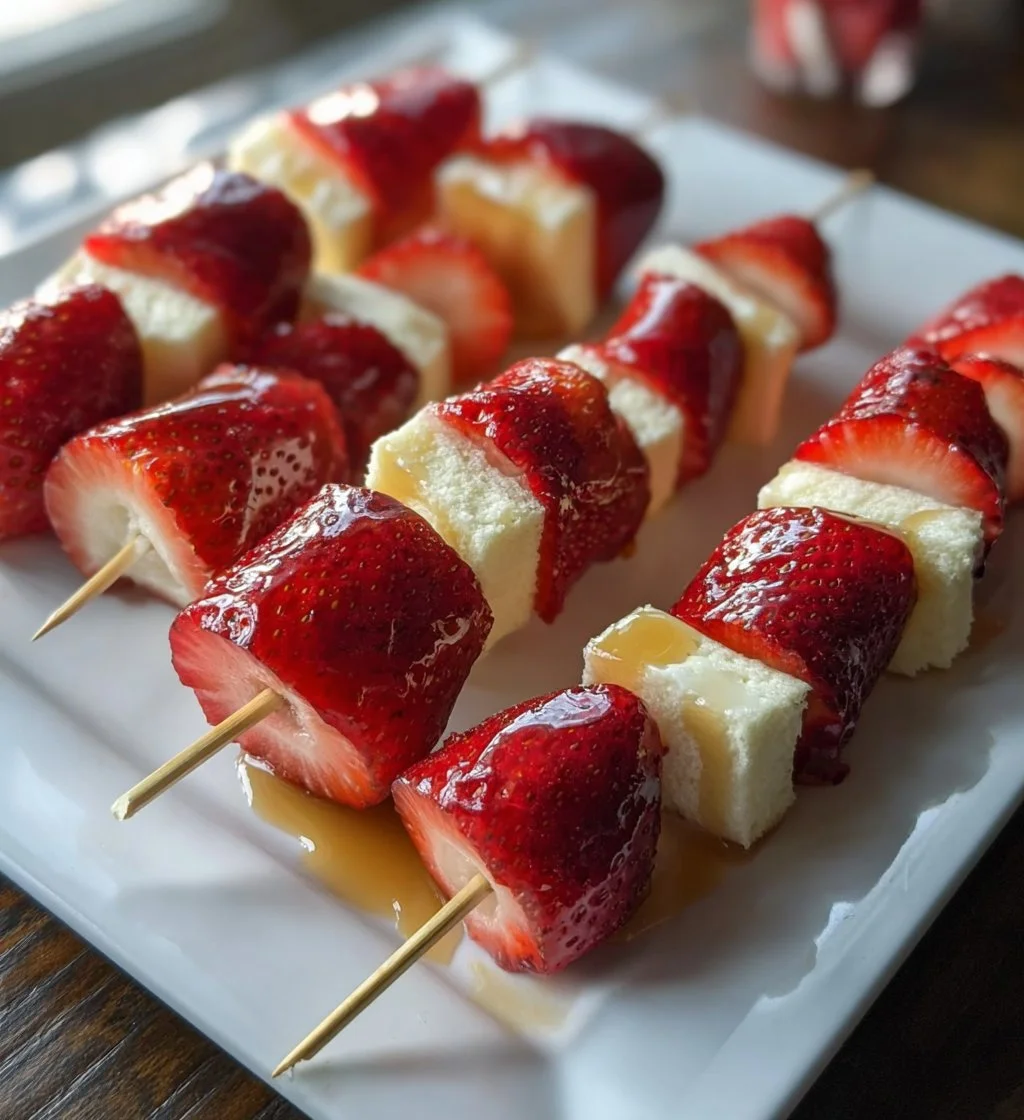 Strawberry Shortcake Kabobs with strawberries, whipped cream, and cake pieces