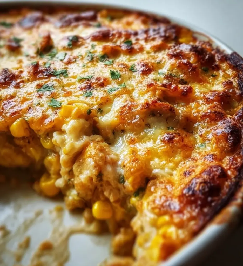 Street Corn Chicken Casserole topped with fresh herbs and cheesy goodness