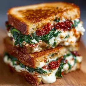 Sun-dried tomato spinach and ricotta grilled cheese sandwich served on a plate
