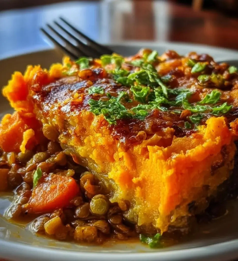 Sweet Potato & Lentil Shepherd's Pie topped with golden sweet potatoes