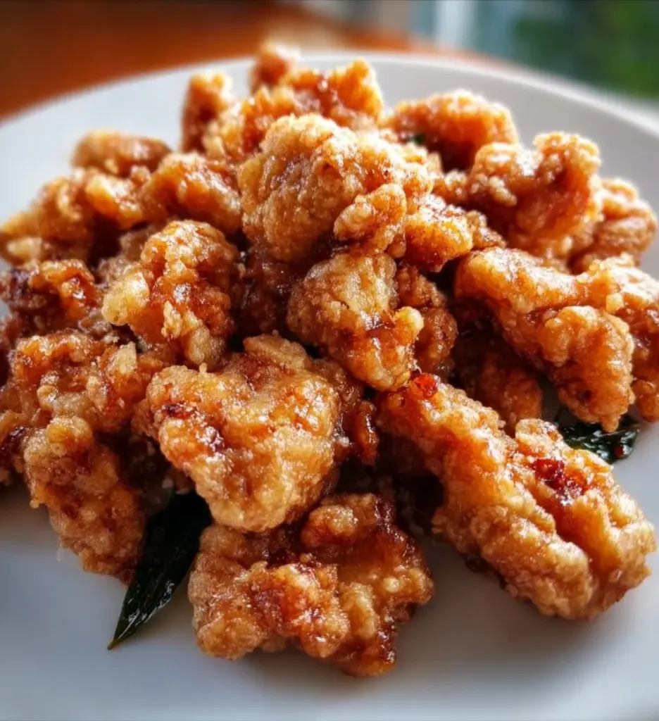 Delicious Taiwanese popcorn chicken served with fresh herbs and spices.