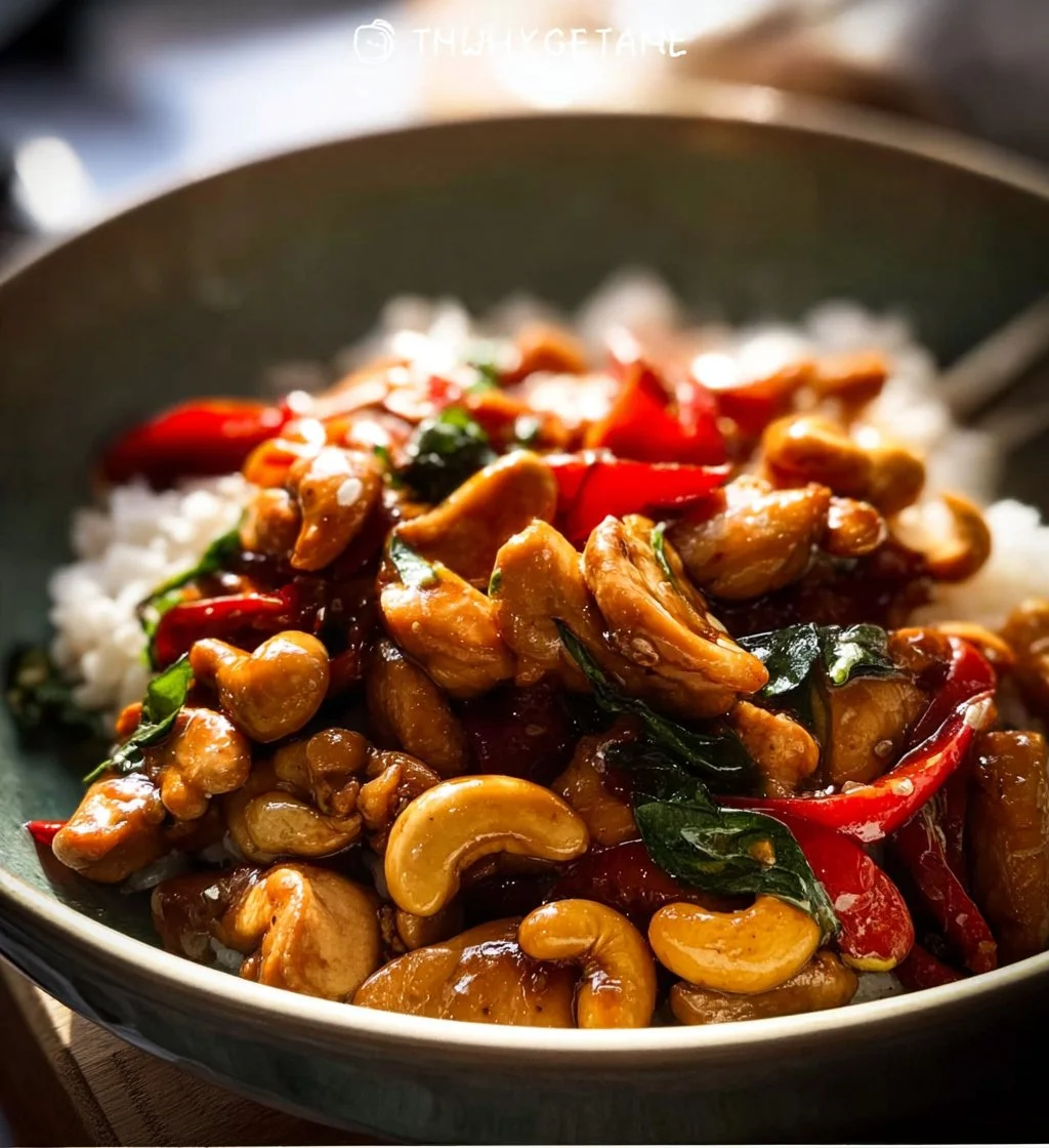 Delicious Thai cashew chicken stir fry with colorful vegetables and crispy cashews.