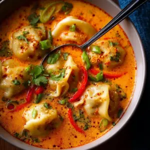 Bowl of Thai coconut curry soup with dumplings, garnished with fresh herbs.