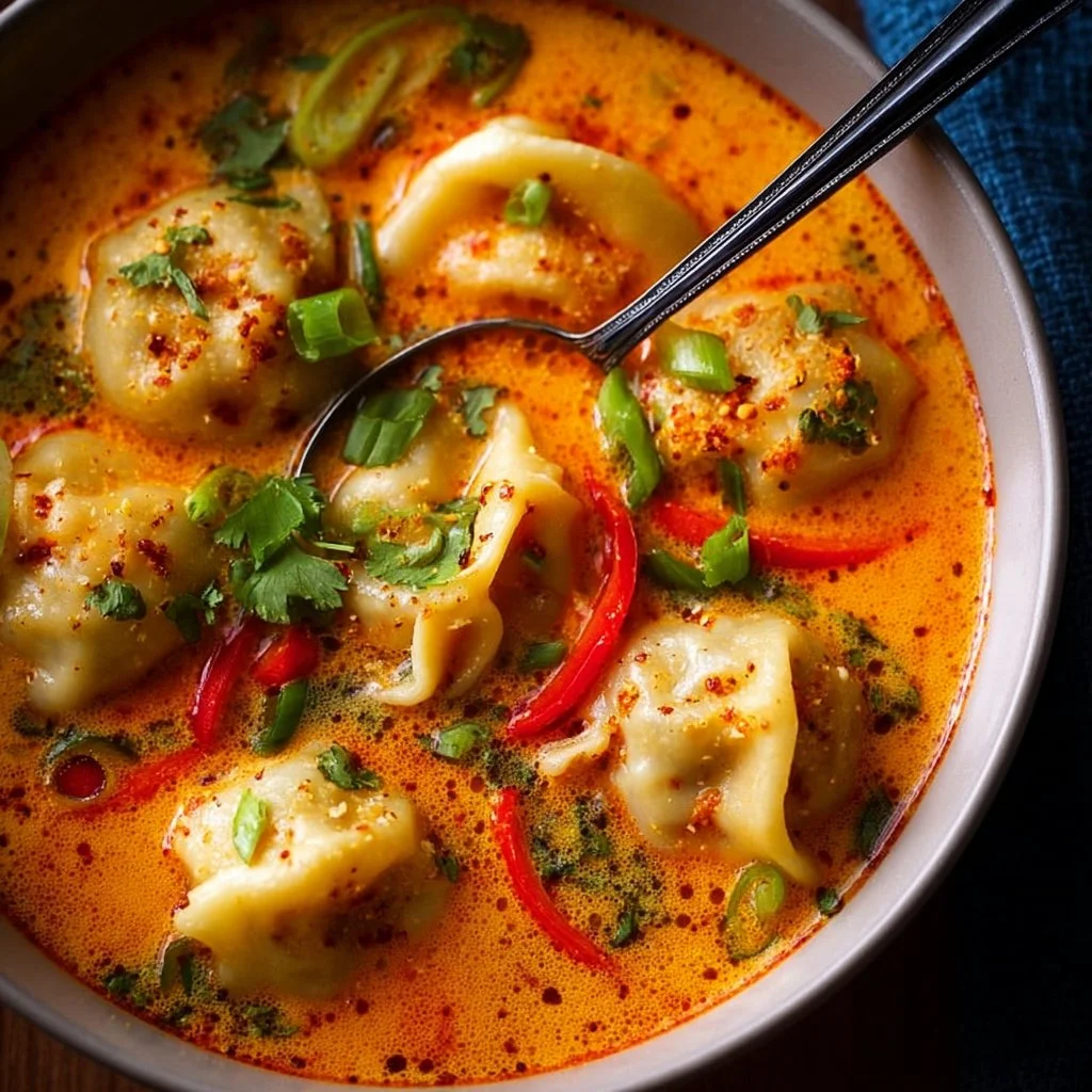 Bowl of Thai coconut curry soup with dumplings, garnished with fresh herbs.