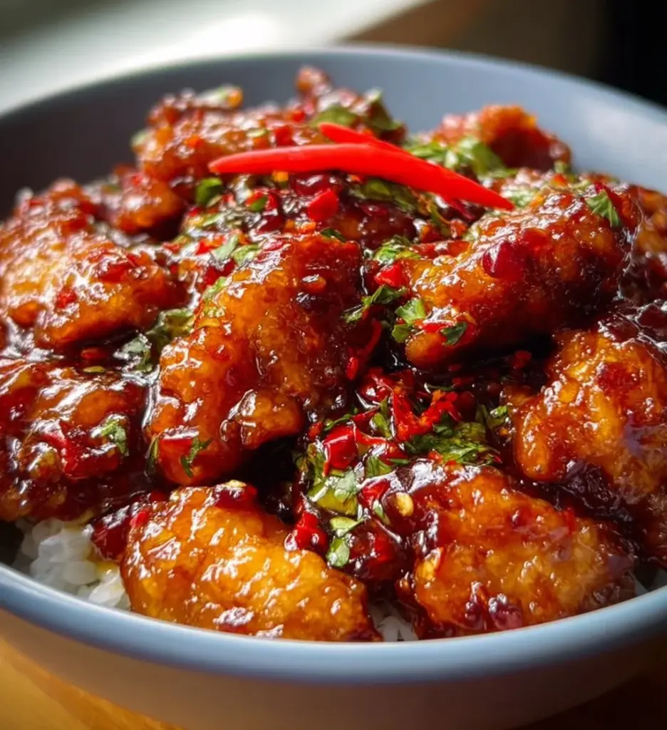 Bowl of Thai Sweet Chili Chicken with fresh herbs and peppers