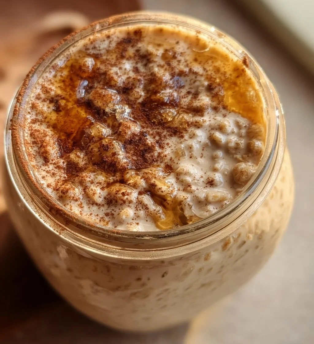 A bowl of tiramisu overnight oats with cocoa powder and coffee drizzle