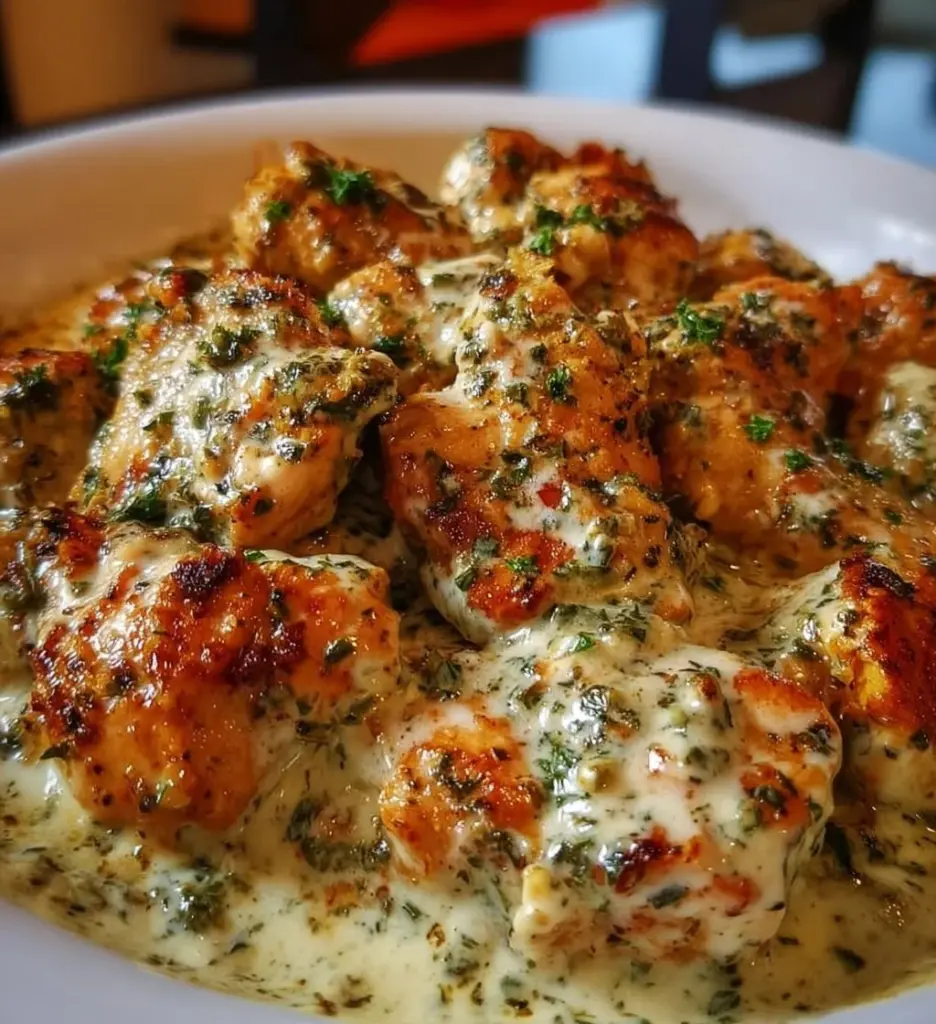 Turkish chicken served with a creamy white sauce in a beautiful presentation