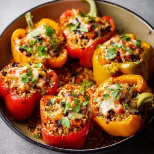 Colorful vegetarian stuffed peppers filled with quinoa and vegetables
