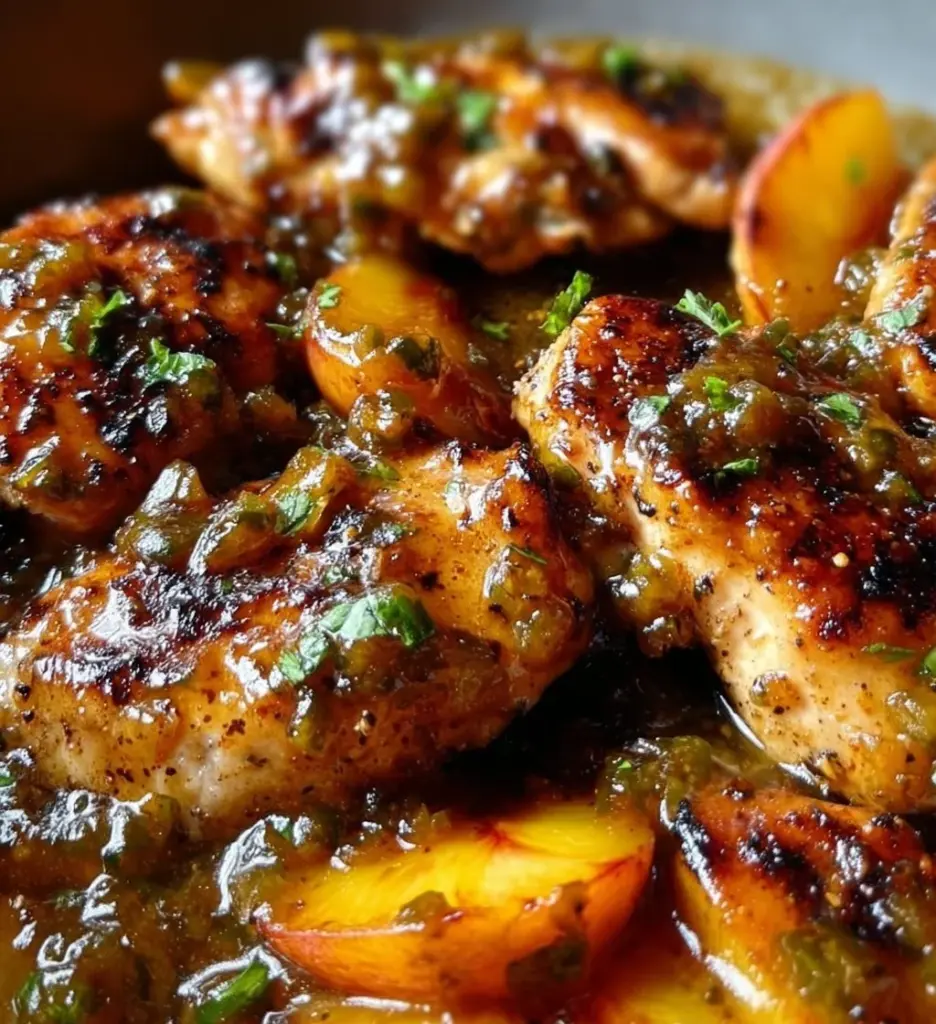 Zesty jalapeno peach chicken garnished with fresh herbs and spices