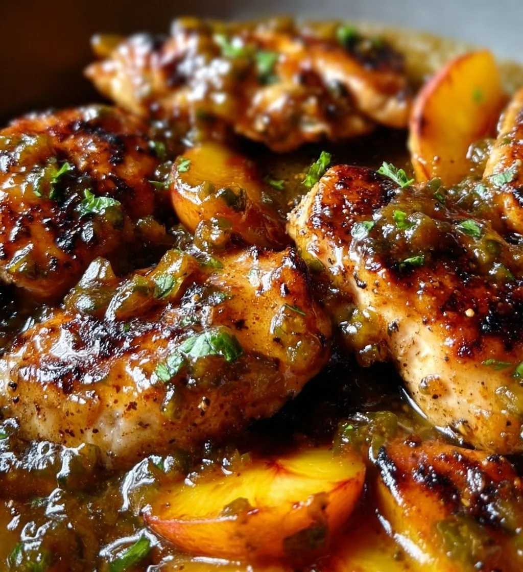 Zesty jalapeno peach chicken garnished with fresh herbs and spices
