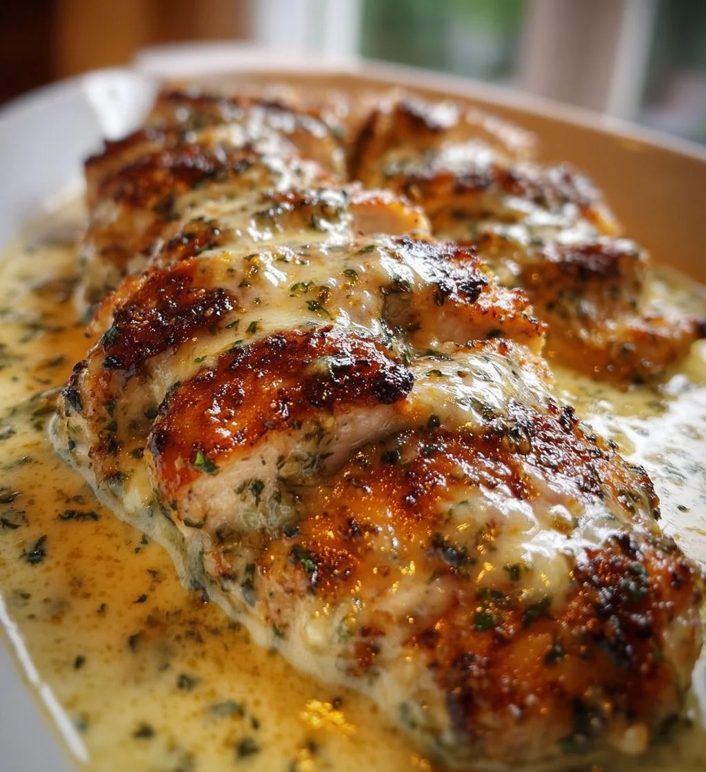 Baked Caesar Chicken with creamy Parmesan sauce on a plate