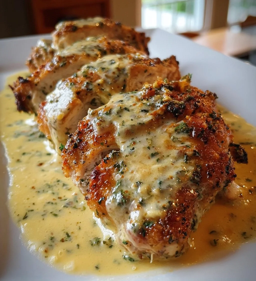 Baked Caesar Chicken drizzled with creamy Parmesan sauce served on a plate.