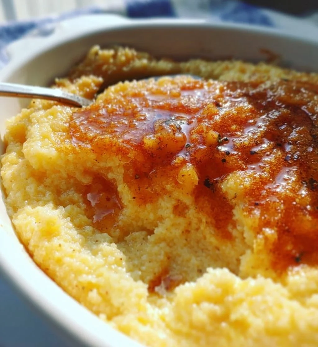 Baked Gouda cheese grits in a rustic dish, topped with herbs.