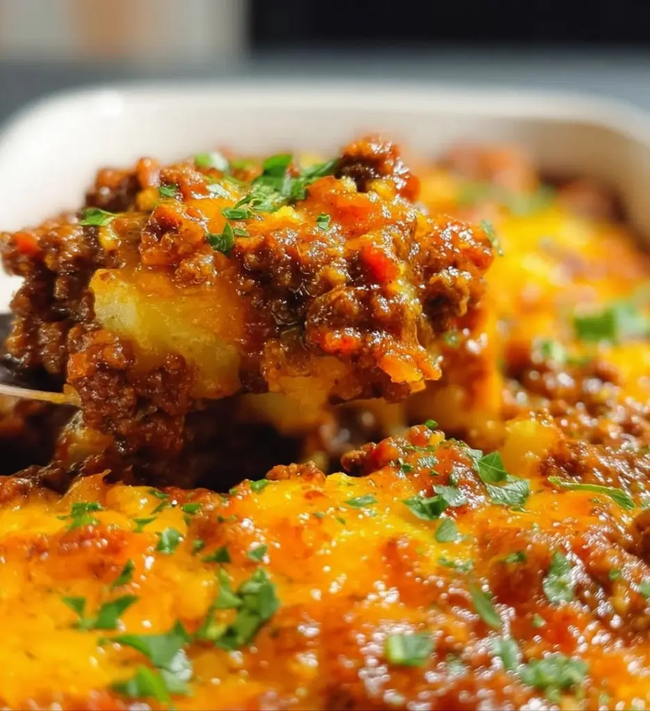 Delicious baked ground beef and potato casserole served in a dish