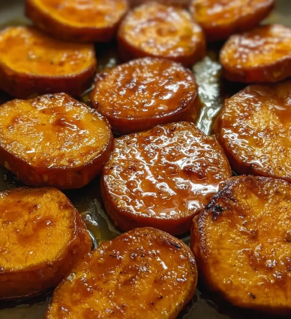 Baked sweet potato slices arranged on a white plate, garnished with herbs.