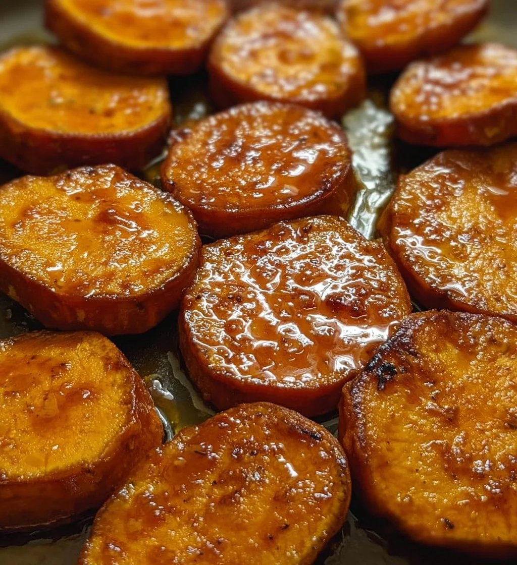 Baked sweet potato slices arranged on a white plate, garnished with herbs.