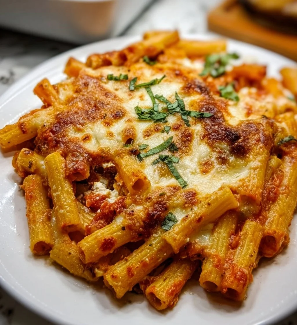 Baked ziti with cottage cheese topped with melted cheese and herbs
