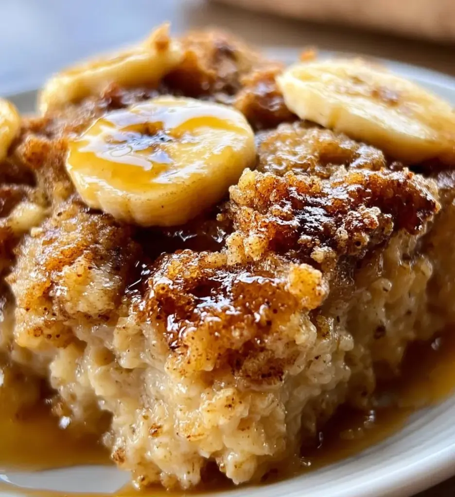 Delicious banana bread cobbler with gooey topping served warm