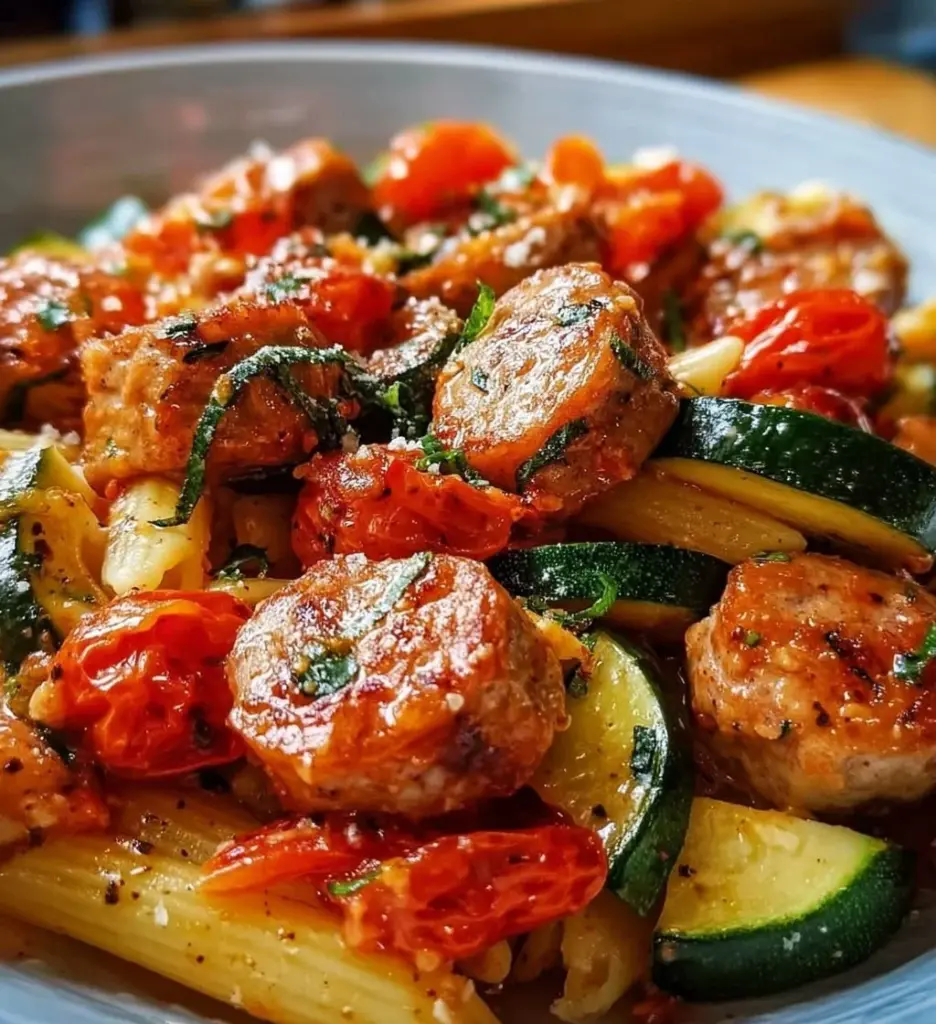 Delicious chicken sausages with zucchini and tomatoes pasta dish
