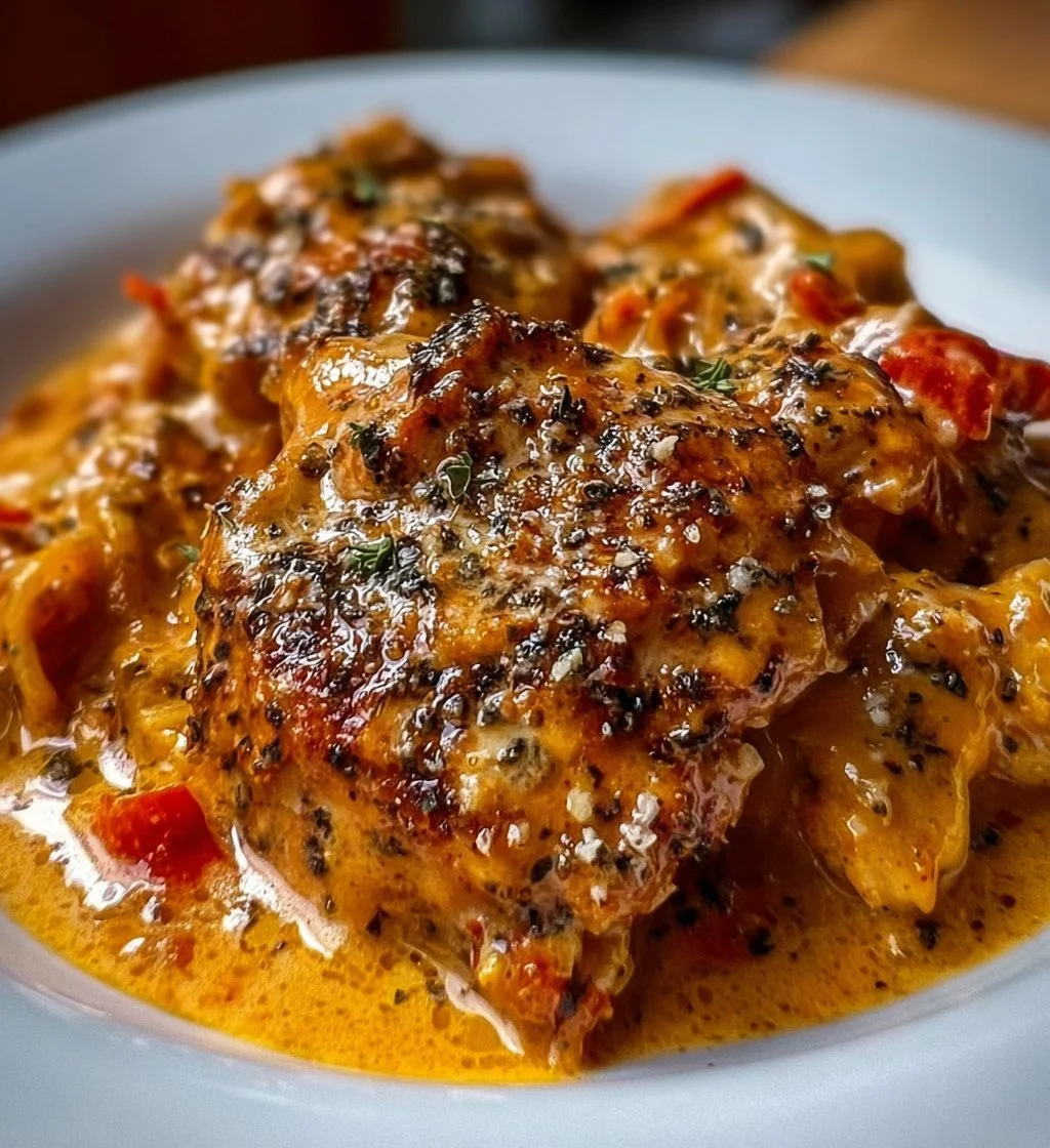 Delicious Parmesan roasted chicken with colorful roasted red peppers on a plate.