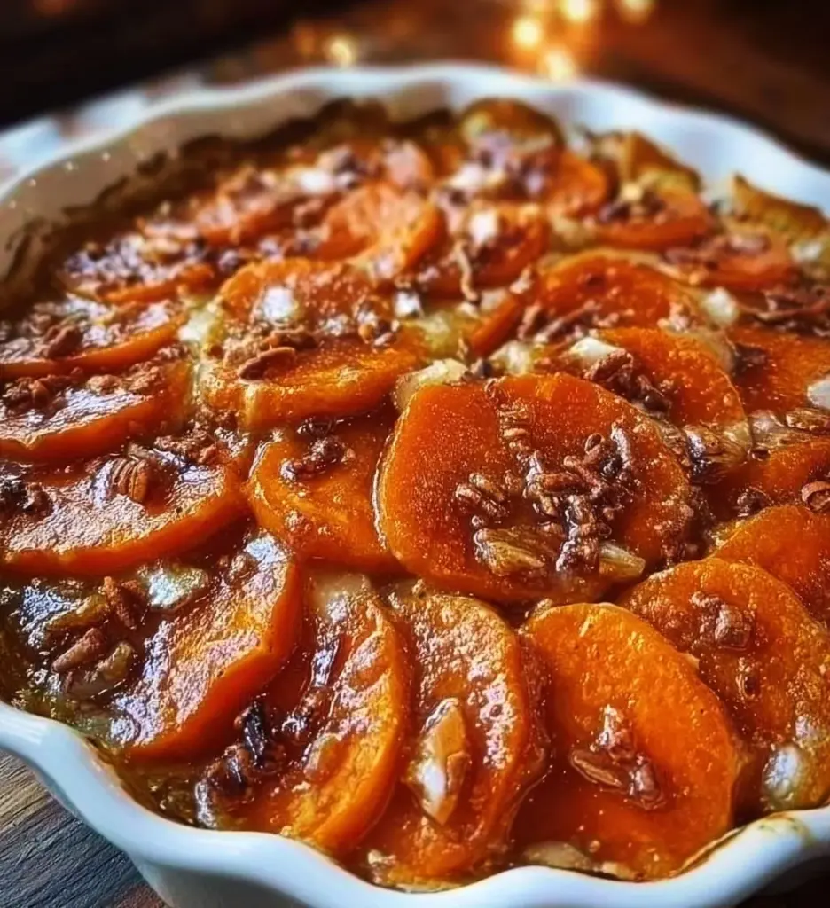 Deliciously baked scalloped sweet potatoes with creamy sauce and spices.