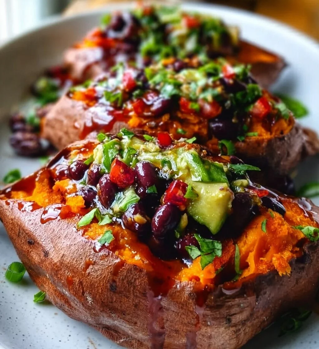 Vegan black bean stuffed sweet potatoes garnished and ready to serve.