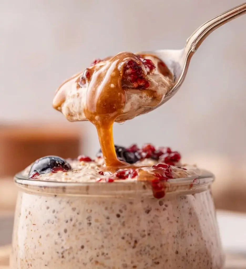 A bowl of blended overnight oats topped with fresh fruits and nuts.