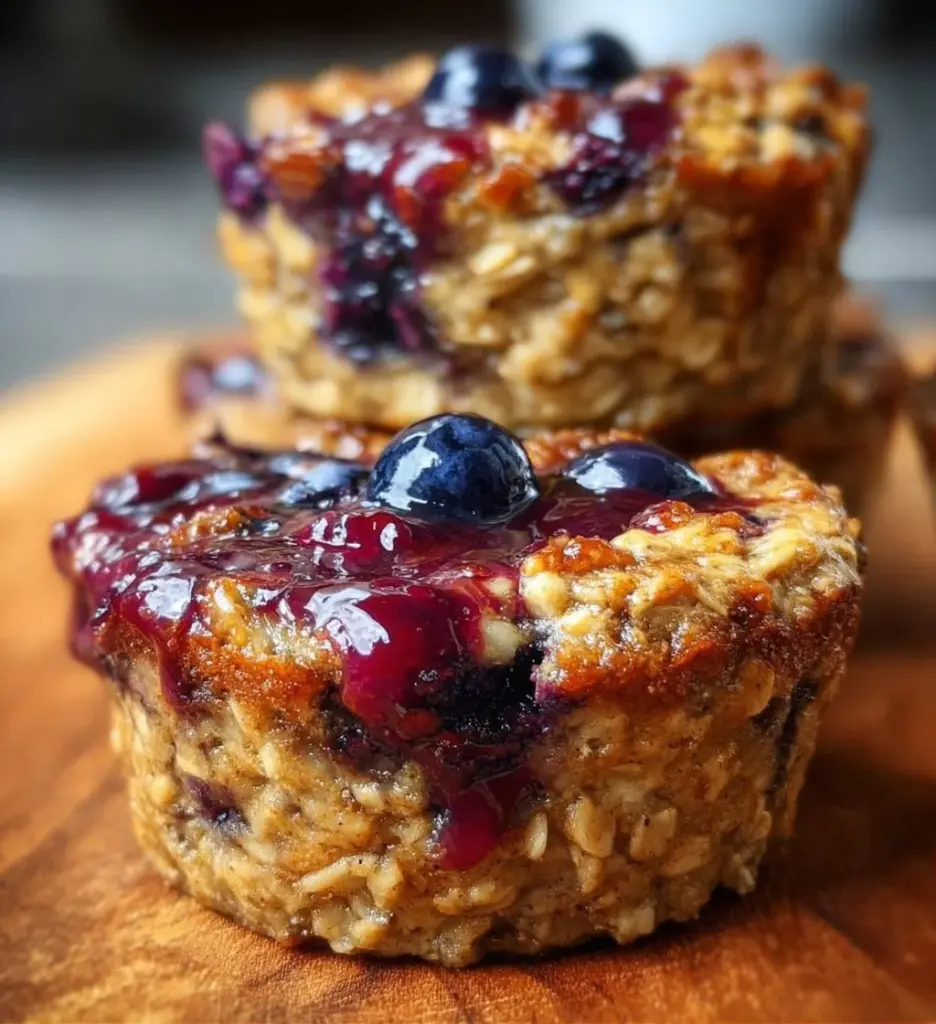 Blueberry Banana Baked Oatmeal Cups in a baking dish