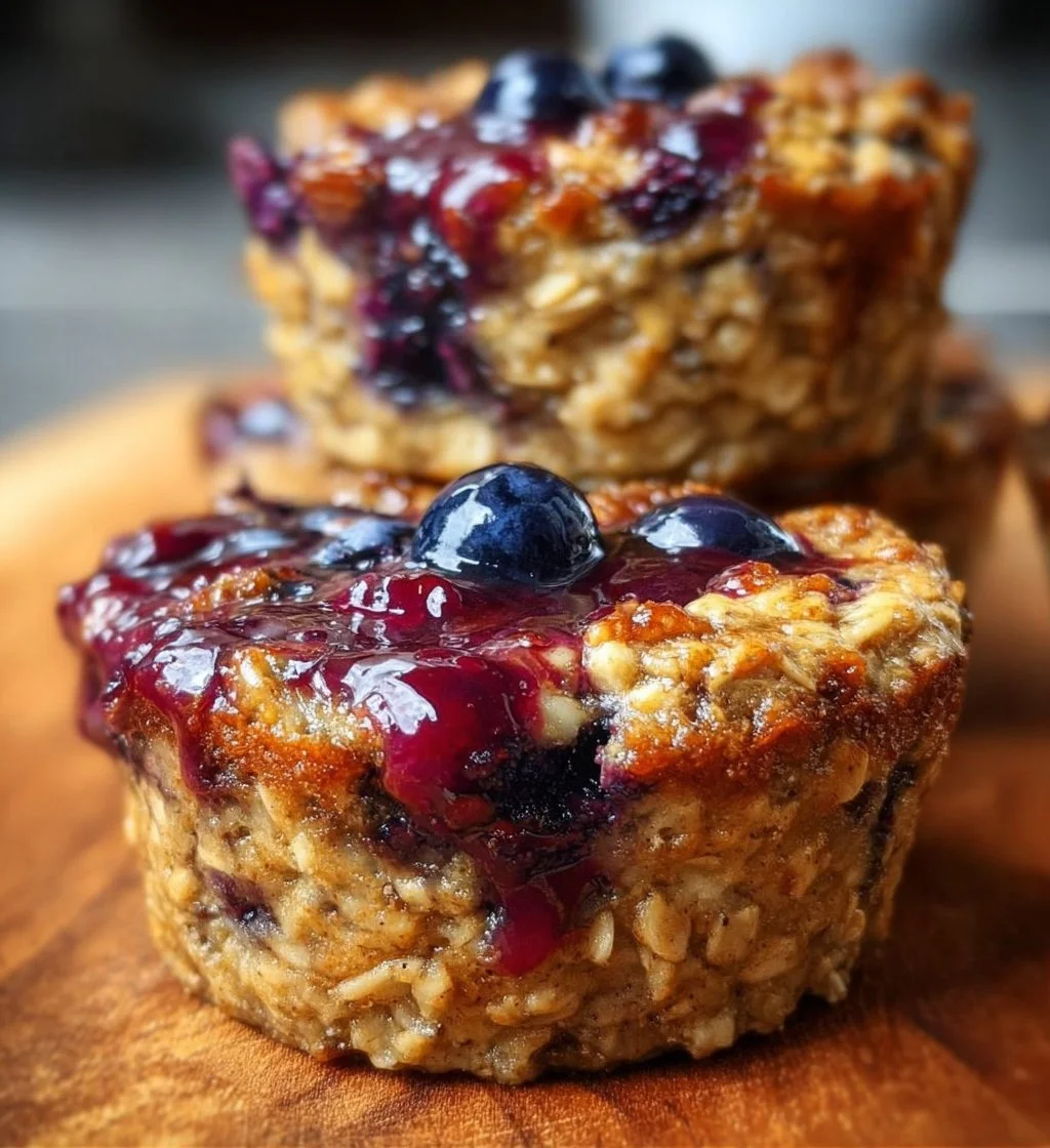 Blueberry Banana Baked Oatmeal Cups in a baking dish