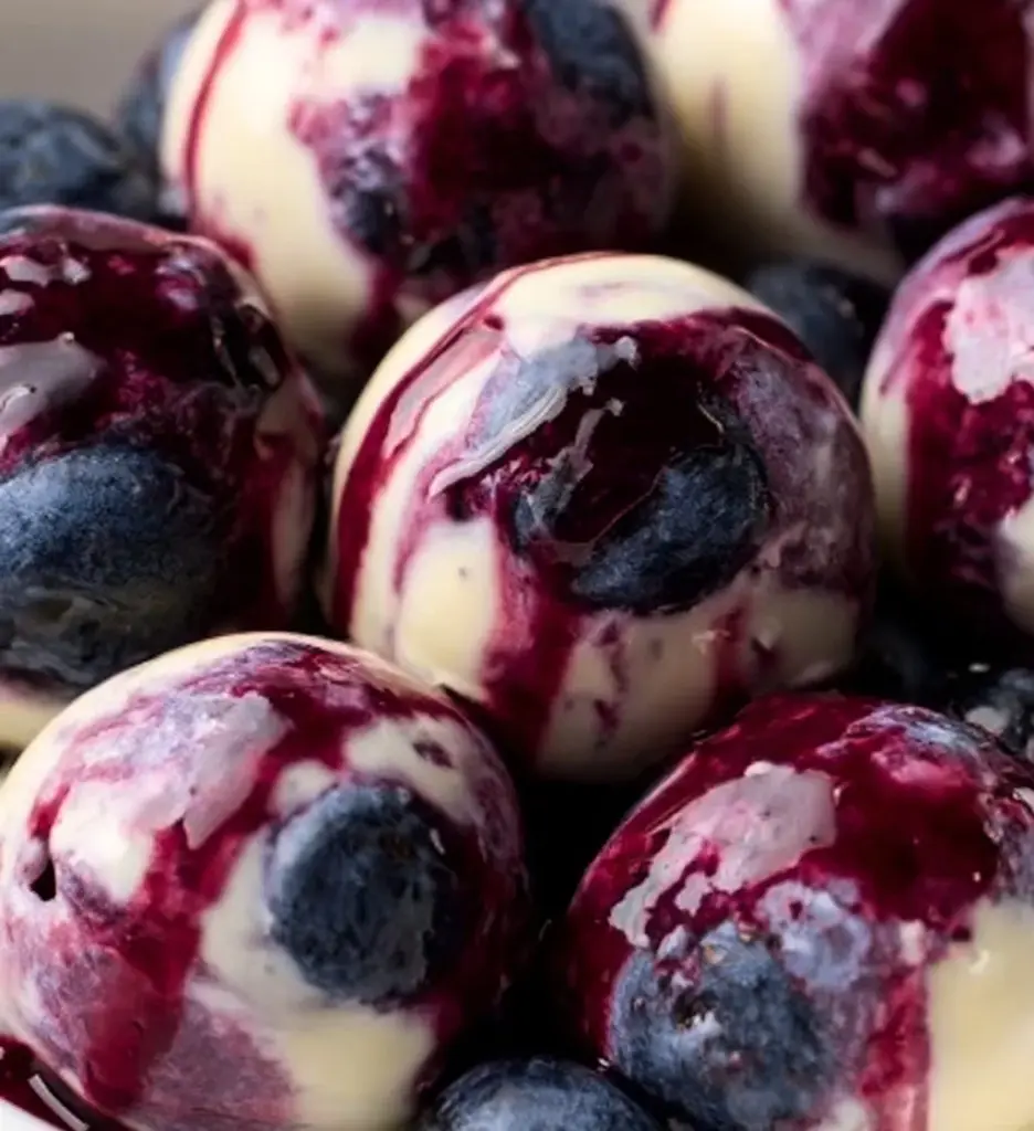 Homemade Blueberry Greek Yogurt Bites in a bowl, garnished with fresh blueberries