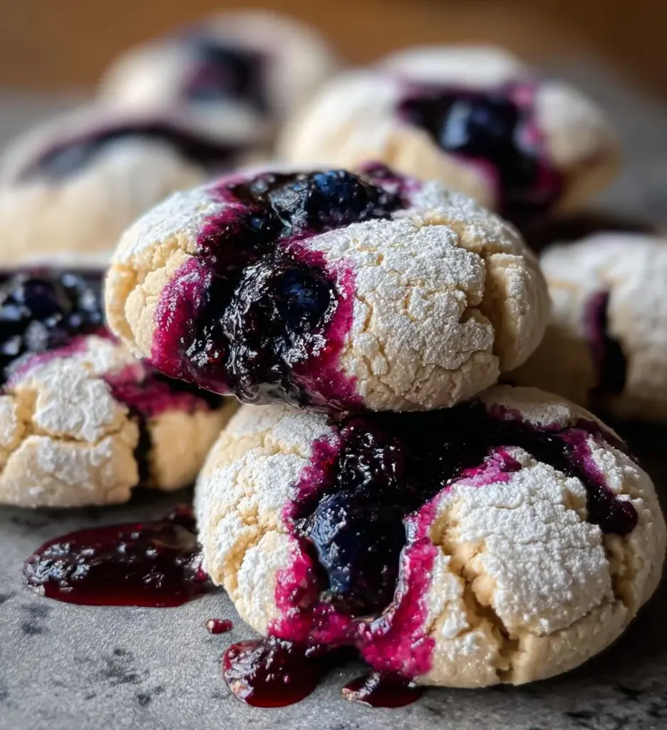 Freshly baked Blueberry Lemon Crinkle Cookies on a plate with powdered sugar dusting