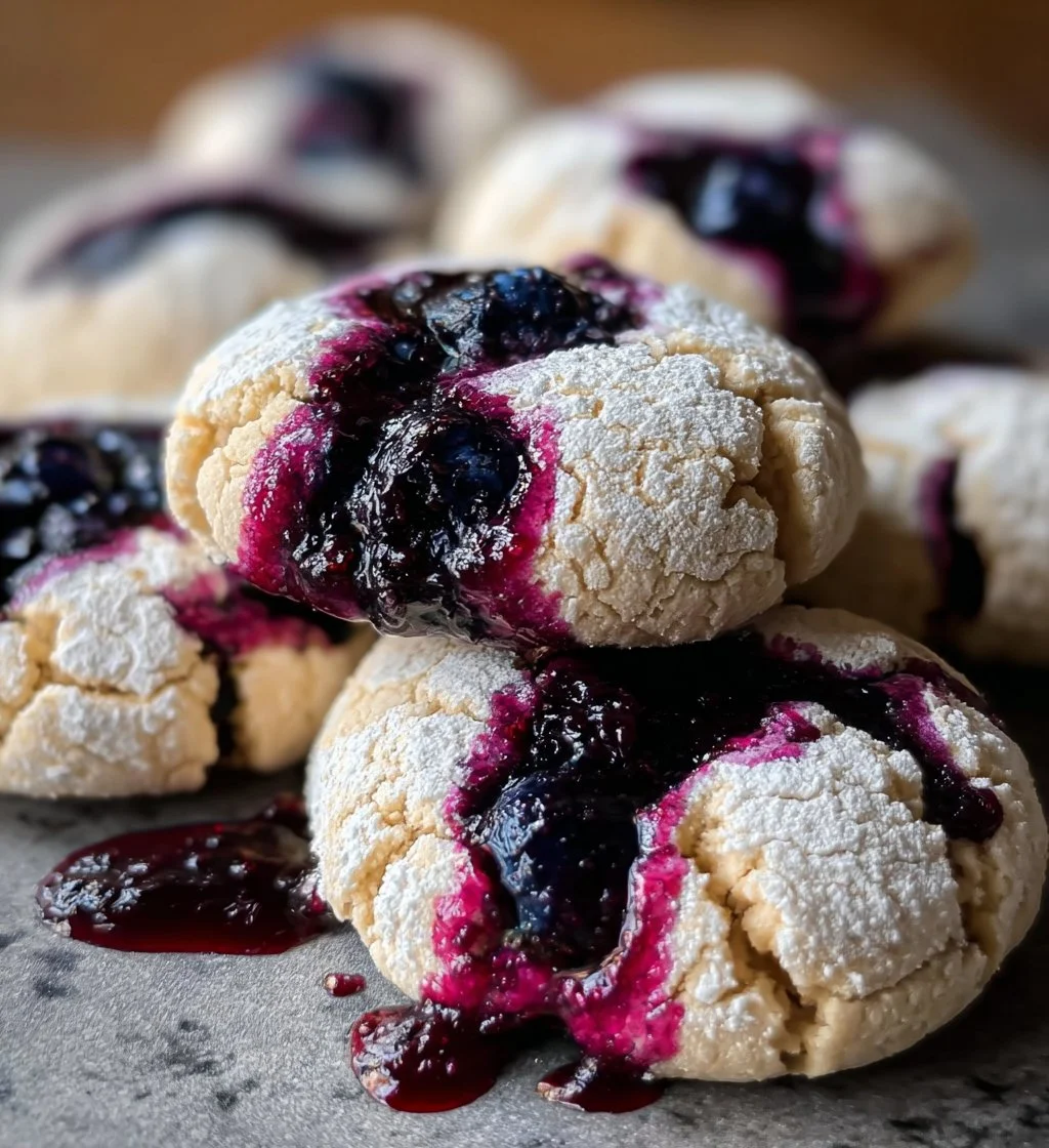 Freshly baked Blueberry Lemon Crinkle Cookies on a plate with powdered sugar dusting