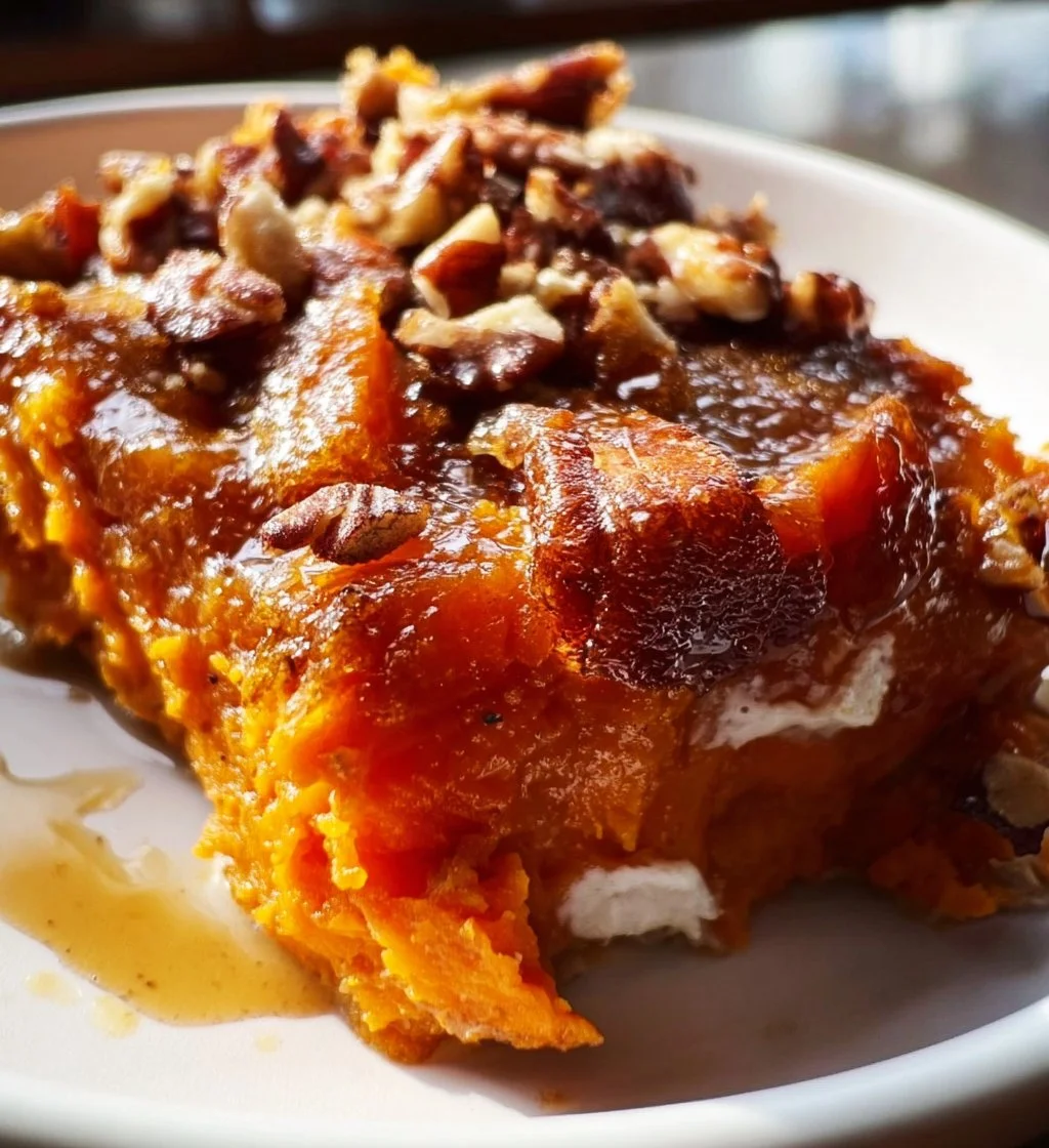 Delicious Bourbon Sweet Potato Casserole topped with marshmallows and pecans