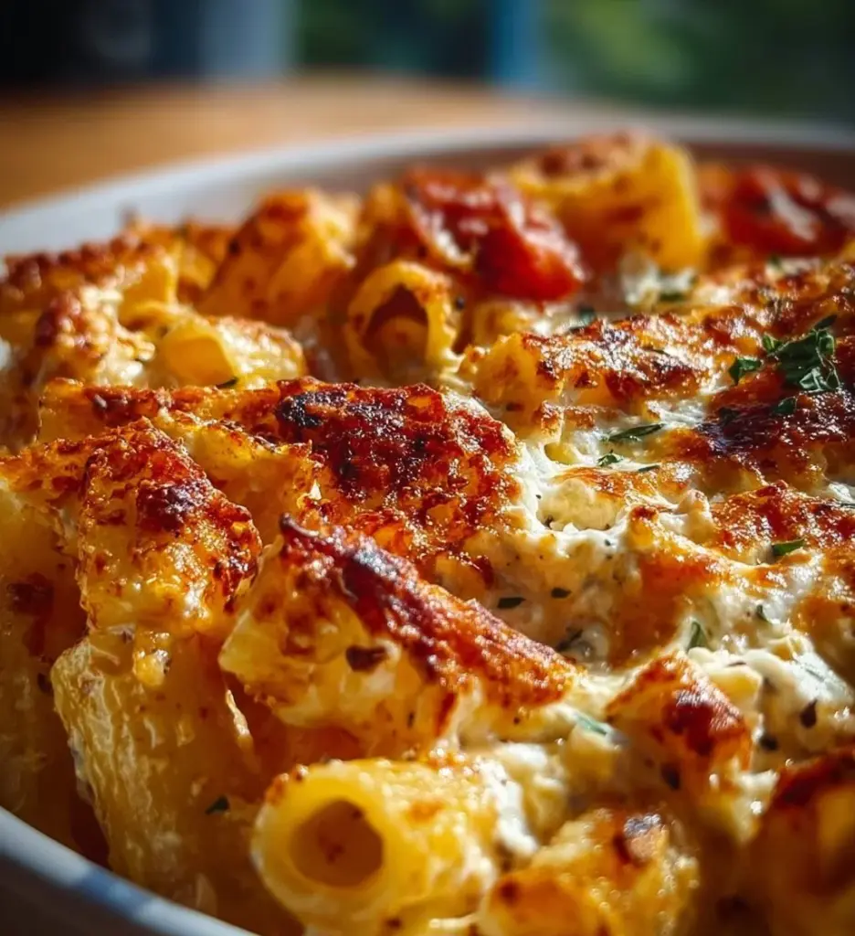 Creamy Boursin cheese baked pasta dish garnished with herbs