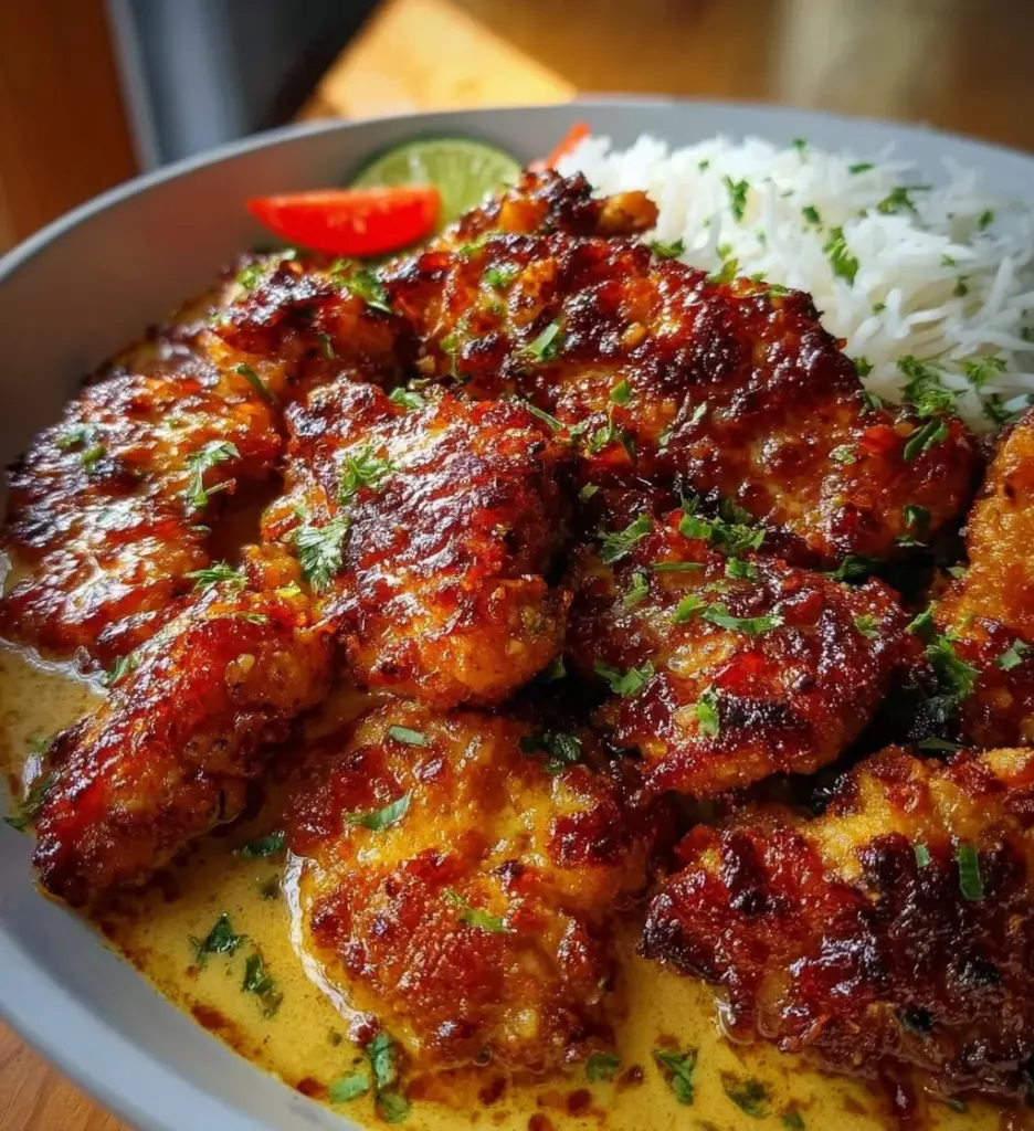 Plate of Brazilian Coconut Chicken garnished with herbs and coconut flakes