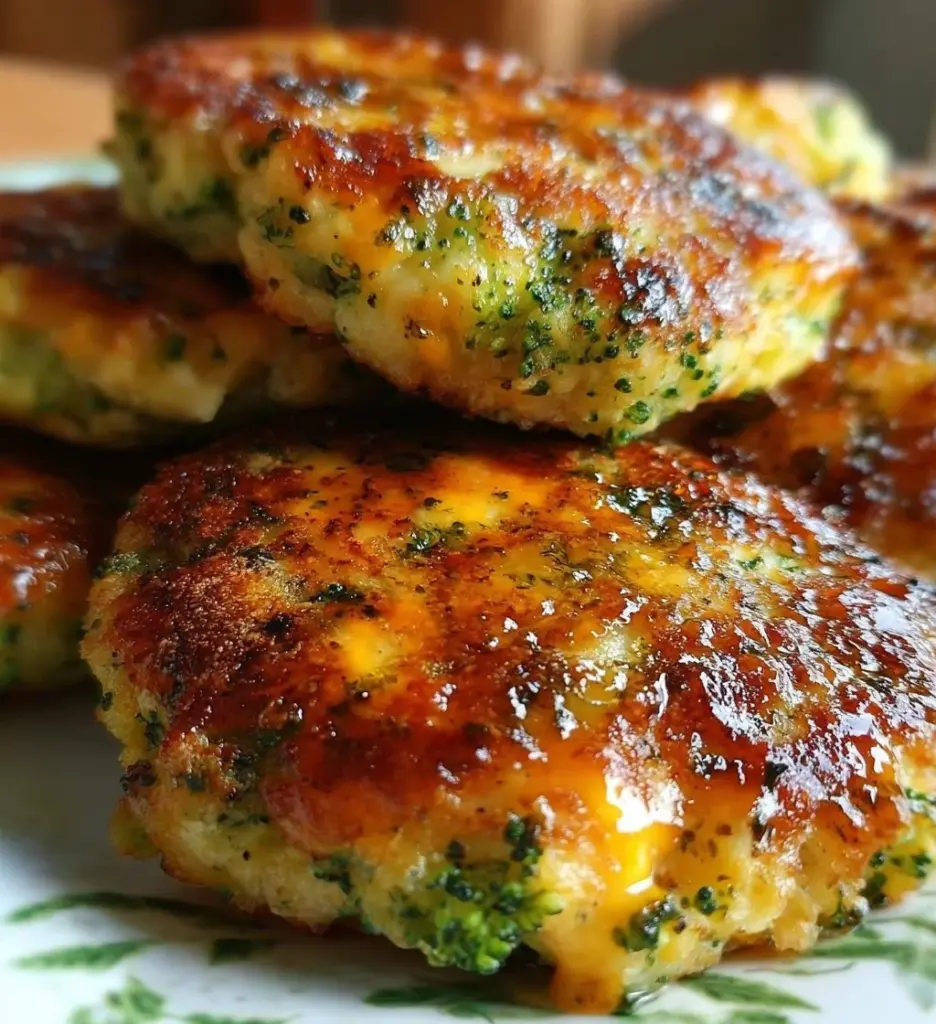 Homemade broccoli cheese patties on a plate, crispy and golden brown.