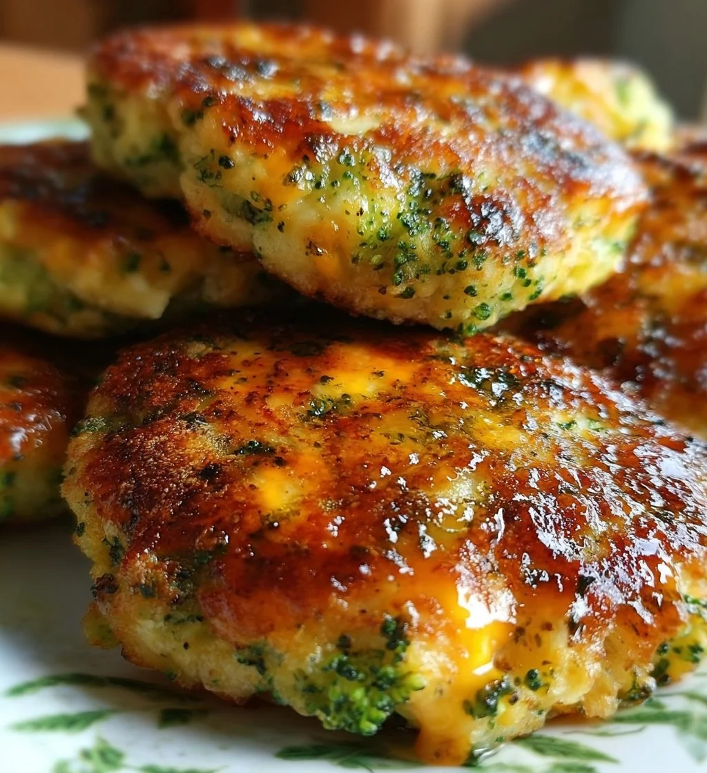 Homemade broccoli cheese patties on a plate, crispy and golden brown.