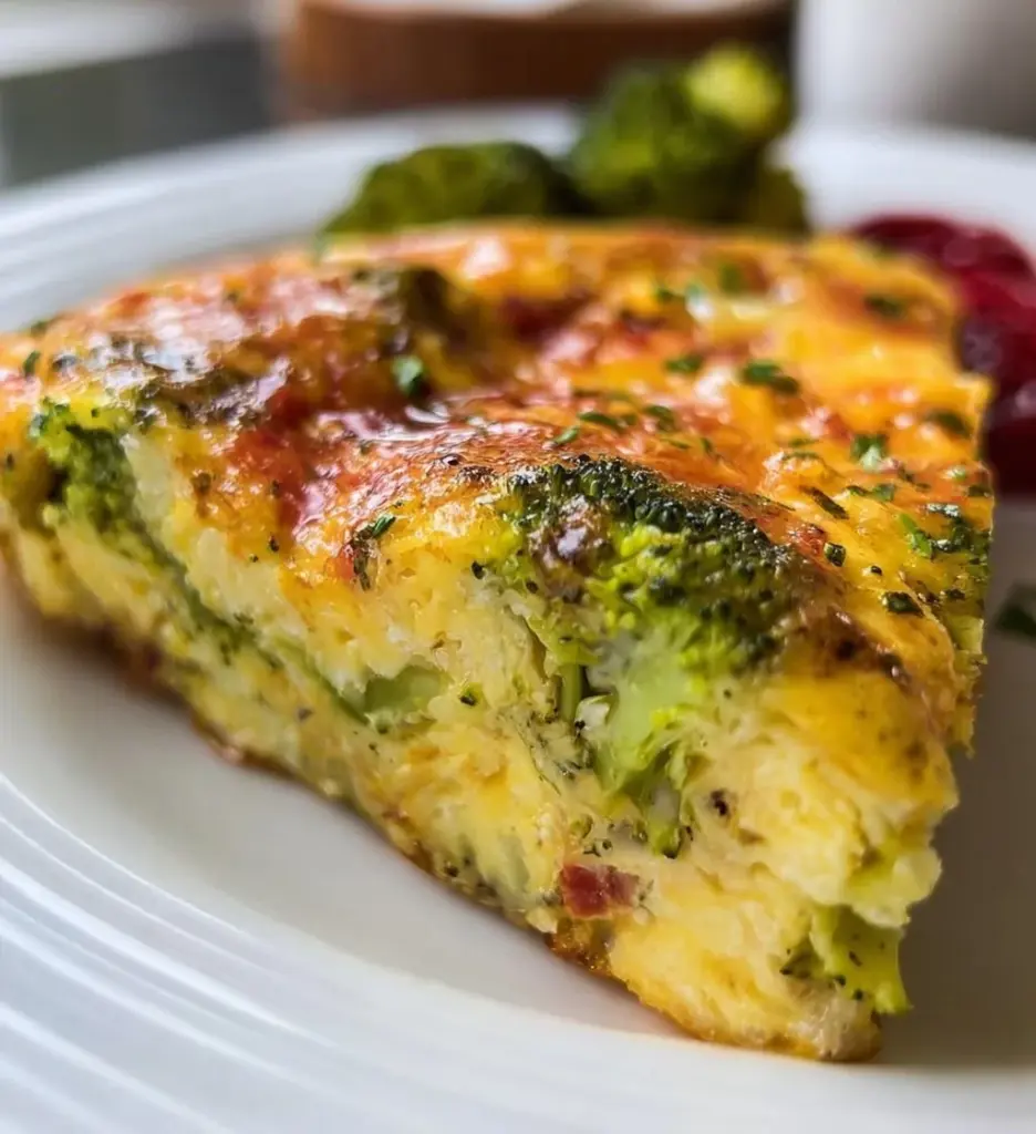 A colorful slice of Broccoli Frittata served on a white plate with herbs.