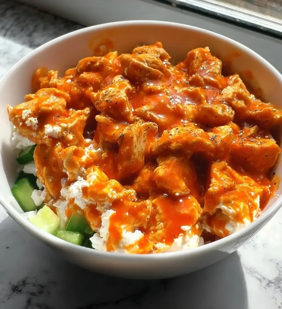 Buffalo Chicken Cottage Cheese Bowl topped with celery and green onions.